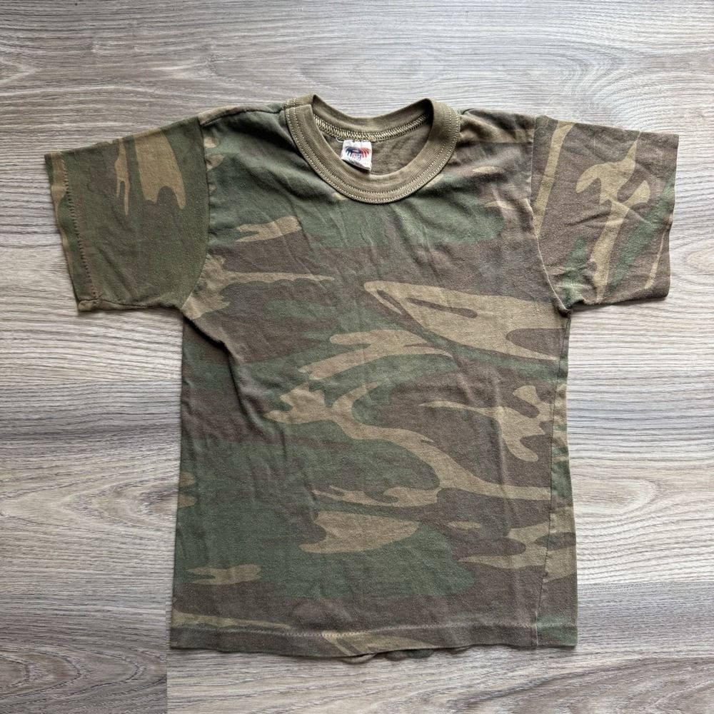 VTG 80s Camo Blank Essential Single Stitch T Shirt Youth Boys M USA